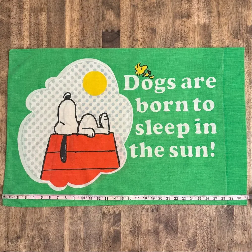 VTG Peanuts Snoopy Woodstock Doghouse Pillowcase Muslin Sears Roebuck 70s Green